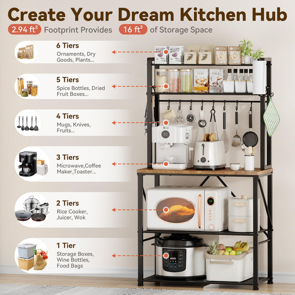 5-Tier Kitchen Baker's Rack with Storage, S-Hooks & Paper Towel Holder – Rustic Brown