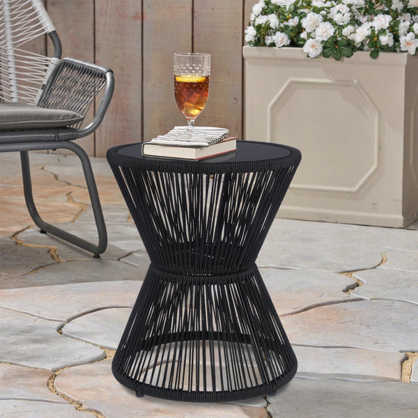 Woven Rope Outdoor Side Table with Tempered Glass Top