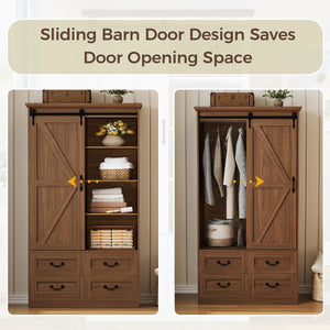 Sliding Barn Door Wardrobe with 4 Drawers & Hanging Rod — 71" Tall Bedroom Armoire