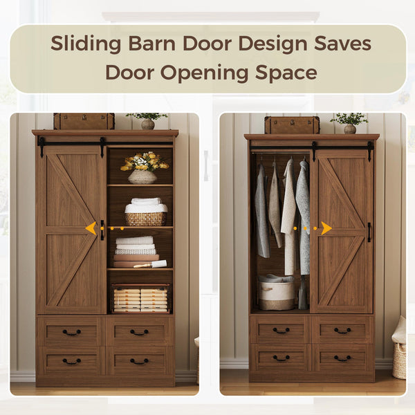 Sliding Barn Door Wardrobe with 4 Drawers & Hanging Rod — 71" Tall Bedroom Armoire