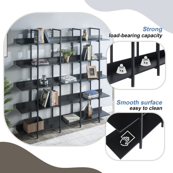 5-Shelf Industrial Open Bookcase with Metal Frame