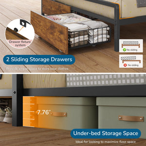 Twin Over Full Metal Bunk Bed with Storage Drawers, Bookshelf & LED Lights