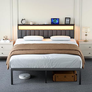 Twin Bed Frame with Headboard, LED Lights & Charging Station