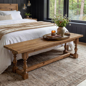 Rustic Solid Wood Entryway Bench – 59.1" Farmhouse Seat with Turned Legs