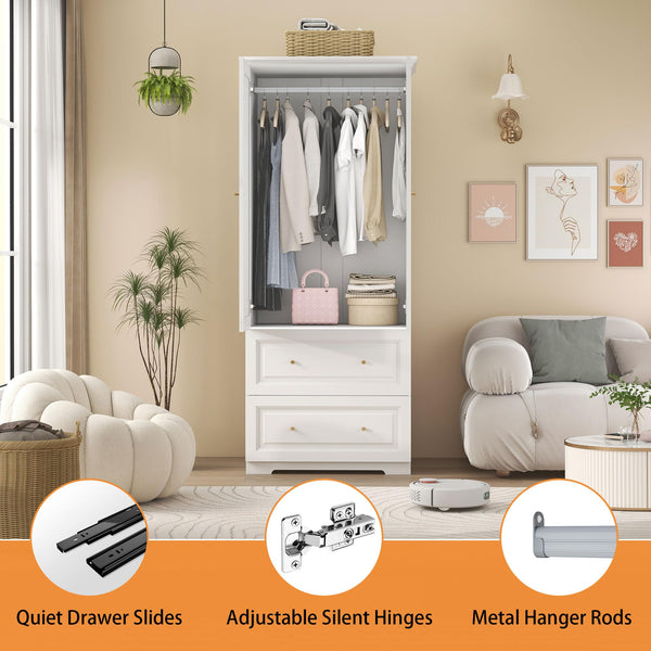 White Wardrobe Closet with Drawers, Hanging Rod & Shelves