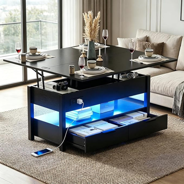 Lift Top Coffee Table with Power Outlets, LED Lights & Storage