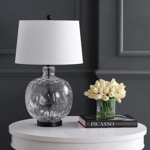 Clear Glass and Black Metal LED Table Lamp with White Linen Shade