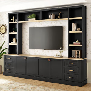 102.3" Farmhouse 4-Piece Entertainment Center with Drawers & Adjustable Shelves
