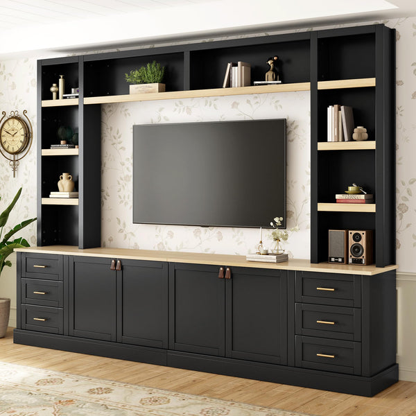 102.3" Farmhouse 4-Piece Entertainment Center with Drawers & Adjustable Shelves