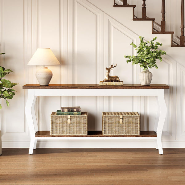 70.9" 2-Tier Console Table with Metal Legs – Brown & White