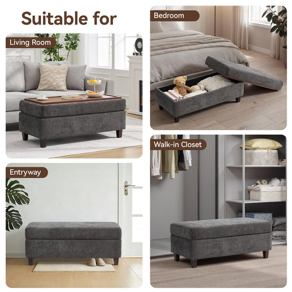 45-Inch Storage Ottoman Bench with Flip-Top Wooden Tray