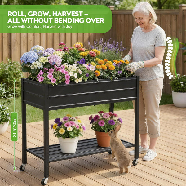 32" Tall Galvanized Raised Garden Bed with Wheels & Shelf