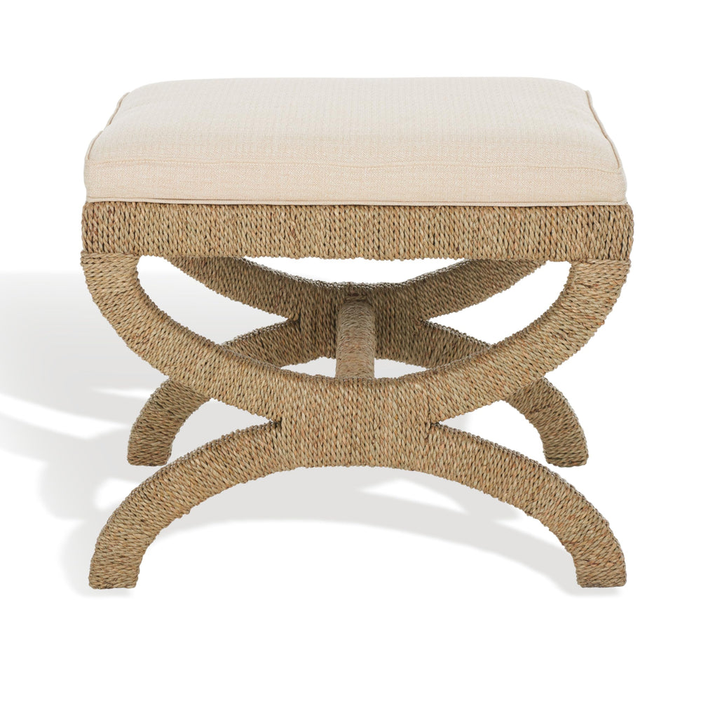 Woven Seagrass Ottoman with Mahogany Wood Frame