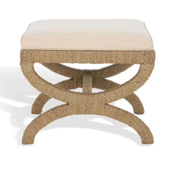 Woven Seagrass Ottoman with Mahogany Wood Frame