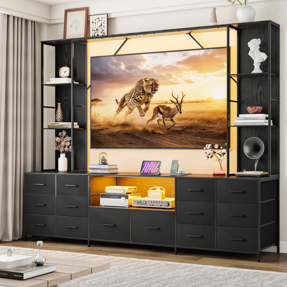 96" Wall Unit Entertainment Center with 14 Fabric Drawers, LED Lights & Power Outlets