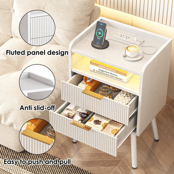 Fluted Nightstand with Charging Station & LED