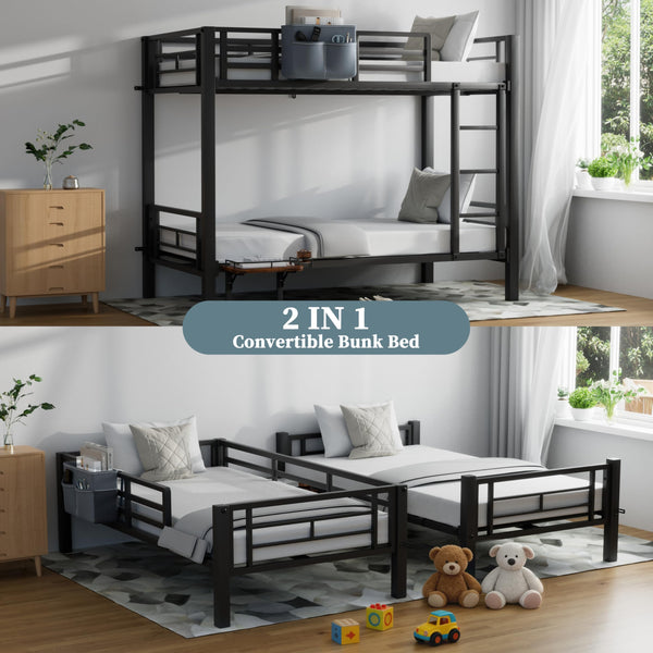 Heavy Duty Metal Bunk Bed Twin Over Twin with Desk, Storage & Convertible Design