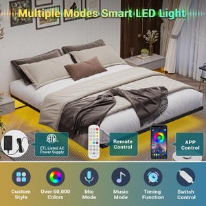 Floating Bed Frame with LED Lights – Metal Platform Bed