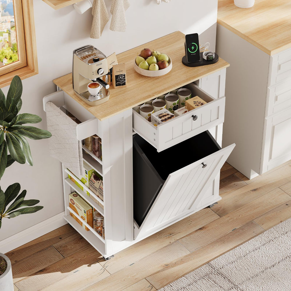 Kitchen Island with Trash Cabinet & Power Outlet
