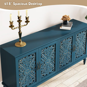 Hollow Carved Wood Accent Cabinet with 4 Doors