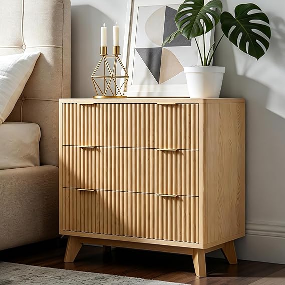 Fluted Nightstand Set of 2 with Charging Station & 3 Drawers