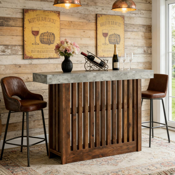 Modern Bar Table with Faux Marble Top & Storage Shelves