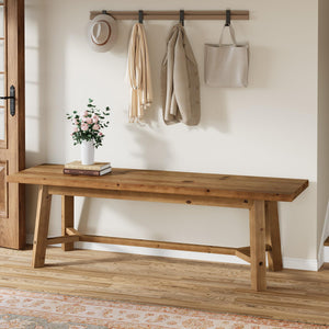 55 Inch Solid Wood Farmhouse Bench – Rustic Brown