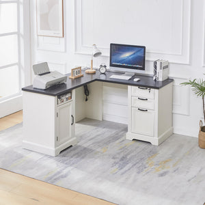 L-Shaped Farmhouse Executive Desk with Charging Station, Lockable Drawers & File Cabinet