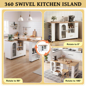 Swivel Kitchen Island with Storage, Drawers & Shelves