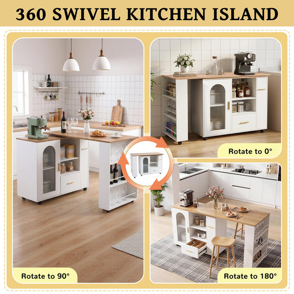 Swivel Kitchen Island with Storage, Drawers & Shelves