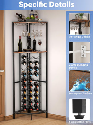 Corner Wine Rack with LED Strip Light & Glass Holder — 30 Bottle, 3-Tier, Brown