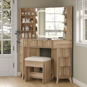 Corner Vanity Desk with Mirror, Lights & 8 Drawers