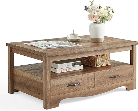 Farmhouse Coffee Table with Storage Drawers and Open Display