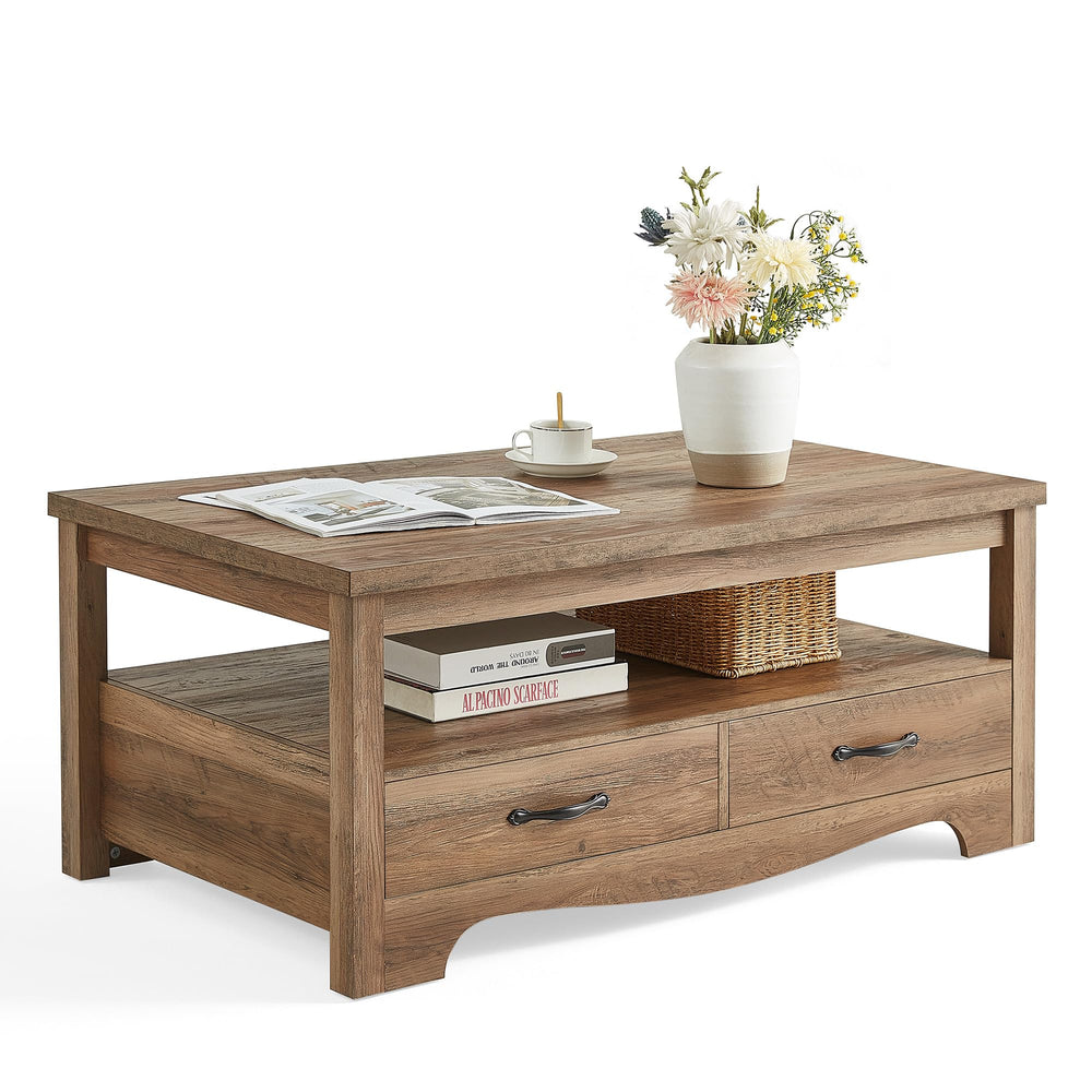 Farmhouse Coffee Table with Storage Drawers and Open Shelf