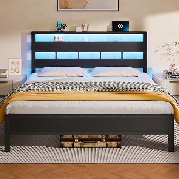 Full Size Bed Frame with LED Lights, Charging Station & Storage Headboard