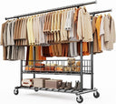 Rolling Garment Rack with Metal Basket & Dual Rod