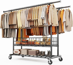 Rolling Garment Rack with Metal Basket & Dual Rod