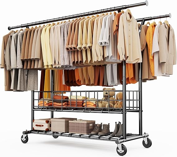 Rolling Garment Rack with Metal Basket & Dual Rod