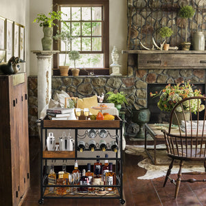 Rolling Kitchen Bar Cart with Wine Rack & Removable Trays
