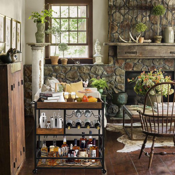 Rolling Kitchen Bar Cart with Wine Rack & Removable Trays