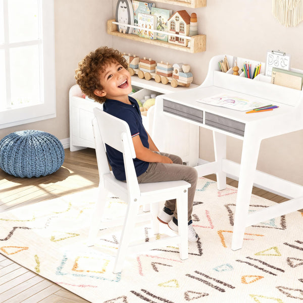 Kids Desk and Chair Set with LED Lamp, Tiltable Desktop & Storage Drawer