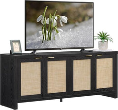 Boho TV Stand with 4 Rattan Cabinets – Farmhouse Entertainment Center, Fits TVs up to 65 Inch