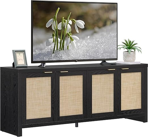 Boho TV Stand with 4 Rattan Cabinets – Farmhouse Entertainment Center, Fits TVs up to 65 Inch