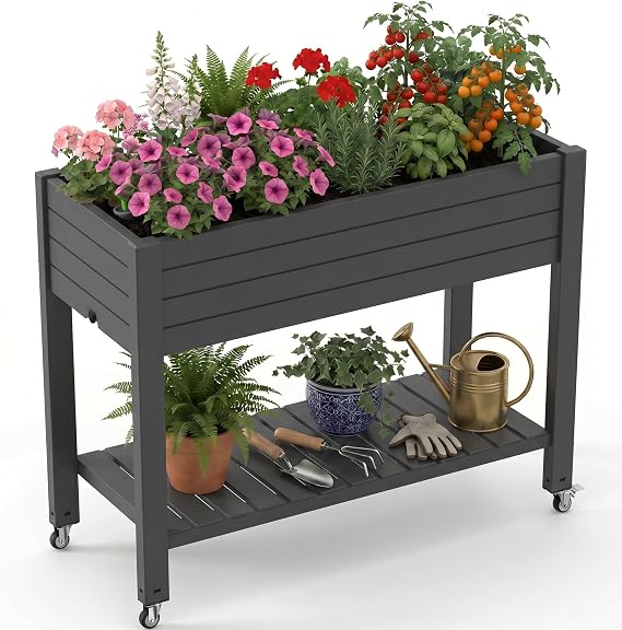 Raised Garden Bed with Wheels, Storage Shelf & Water Level Monitor