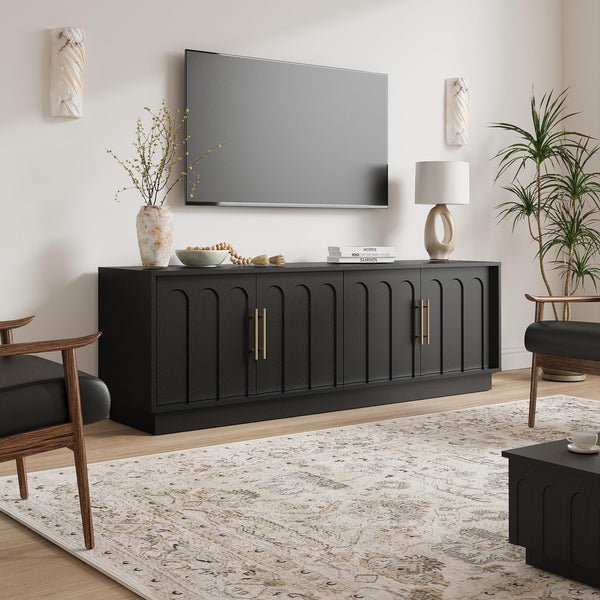FORTUNETEC TV Stand for 75 Inch TV, 67" Entertainment Center with Arched Design, Minimalist Media Console with Adjustable Shelves, Modern TV Stand for Living Room Bedroom, Black