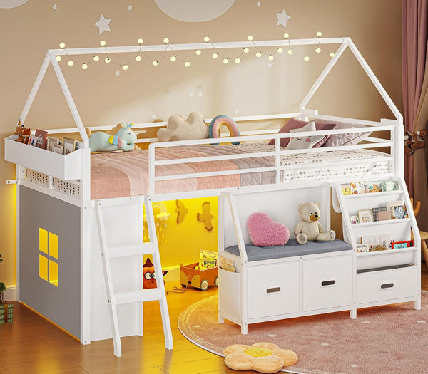 Kids Low Loft Bed Twin with Bookshelf & Reading Nook