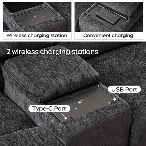 Oversized Power Recliner Sectional Sofa with Wireless Charger, Gray