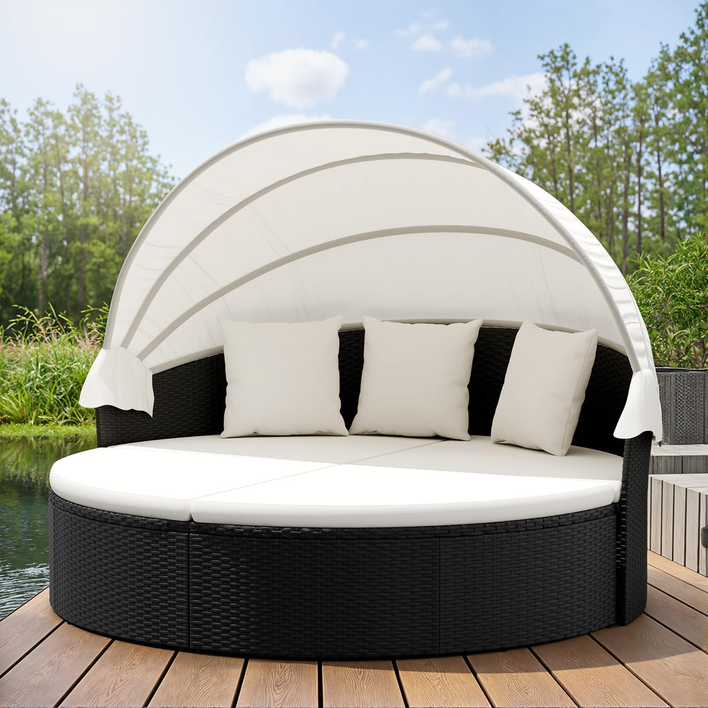 Round Patio Daybed with Retractable Canopy & Washable Cushions