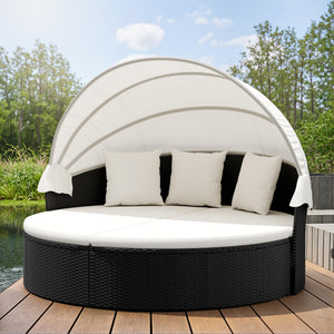 Round Patio Daybed with Retractable Canopy & Washable Cushions