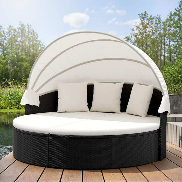 Round Patio Daybed with Retractable Canopy & Washable Cushions